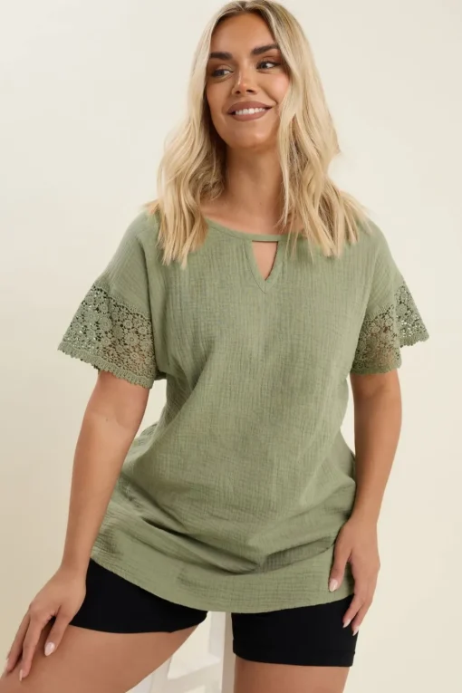 Yours Curve Sage Green Cheesecloth Crochet Top