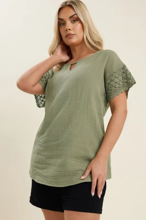 Yours Curve Sage Green Cheesecloth Crochet Top