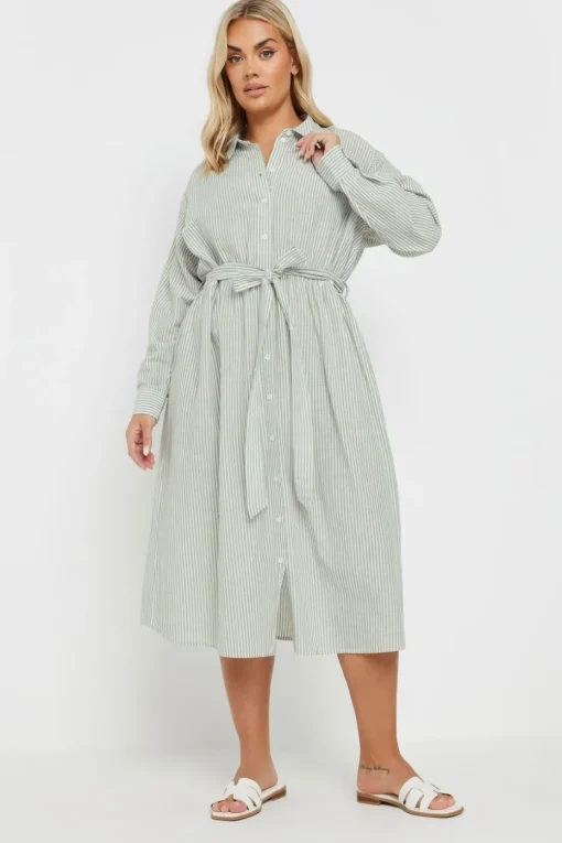 Yours Curve Sage Green Linen Stripe Shirt Dress