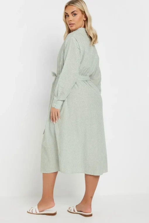 Yours Curve Sage Green Linen Stripe Shirt Dress