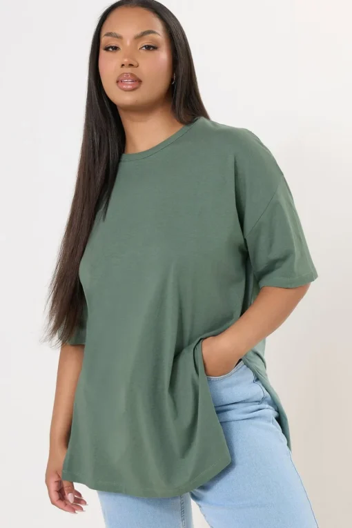 Yours Curve Sage Green Oversized Side Split T-Shirt