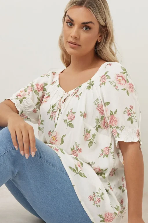 Yours Curve White & Pink Floral Tie Neck Blouse