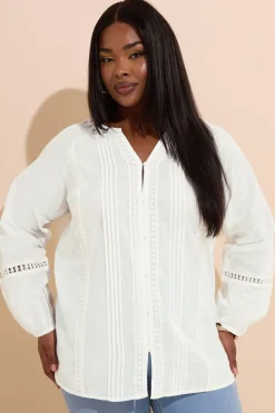 Yours Curve White Crochet Trim Pleated Blouse