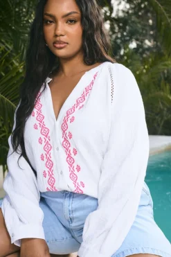 Yours Curve White Embroidered Cheesecloth Shirt