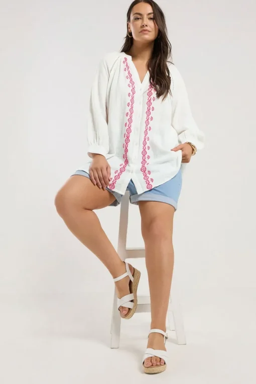 Yours Curve White Embroidered Cheesecloth Shirt