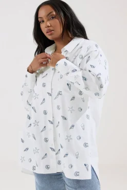Yours Curve White Embroidered Seashell Oversized Shirt