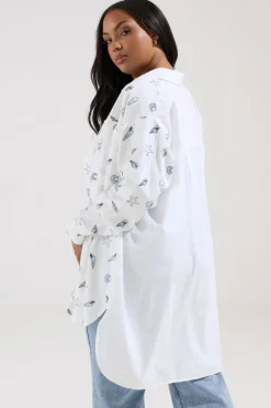 Yours Curve White Embroidered Seashell Oversized Shirt