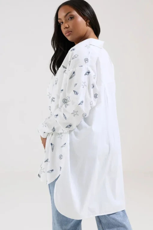 Yours Curve White Embroidered Seashell Oversized Shirt