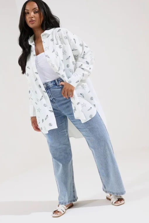 Yours Curve White Embroidered Seashell Oversized Shirt