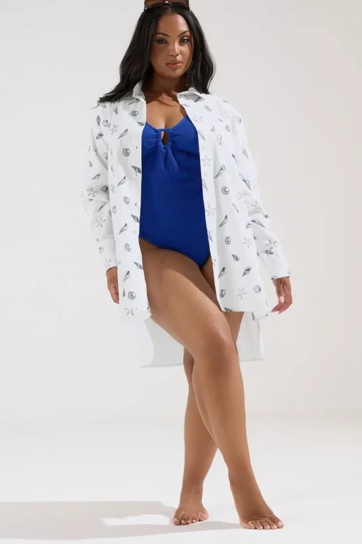Yours Curve White Embroidered Seashell Oversized Shirt