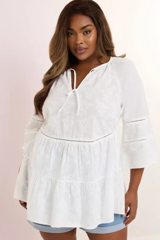 Yours Curve White Embroidered Tie Front Smock Blouse