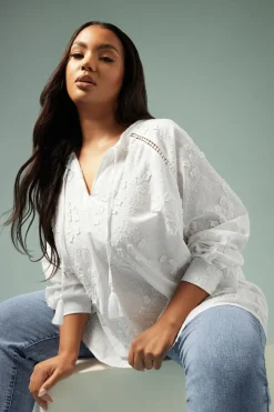 Yours Curve White Floral Embroidered Tie Neck Blouse