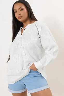 Yours Curve White Floral Embroidered Tie Neck Blouse