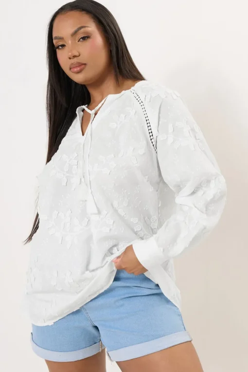 Yours Curve White Floral Embroidered Tie Neck Blouse