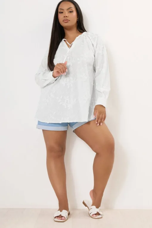 Yours Curve White Floral Embroidered Tie Neck Blouse