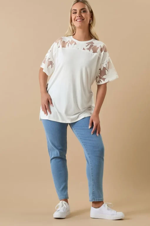 Yours Curve White Floral Burnout Boxy T Shirt