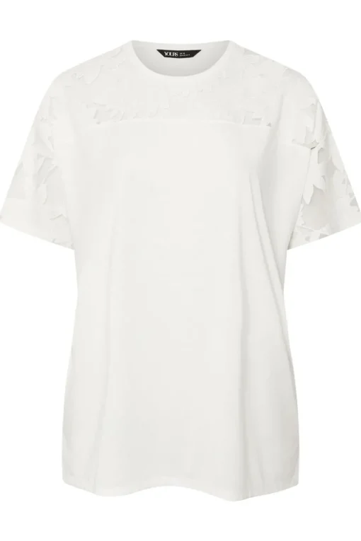 Yours Curve White Floral Burnout Boxy T Shirt