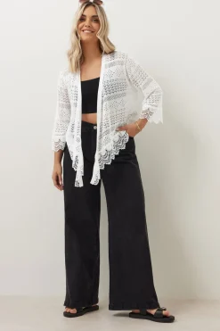 Yours Curve White Lace Trim Waterfall Cardigan