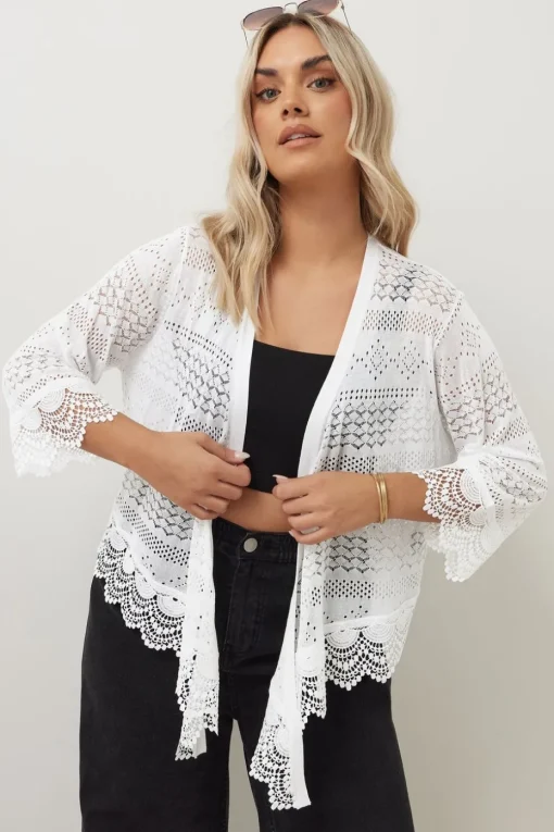 Yours Curve White Lace Trim Waterfall Cardigan