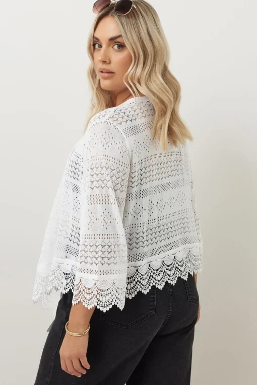 Yours Curve White Lace Trim Waterfall Cardigan