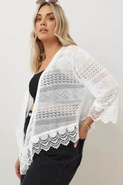 Yours Curve White Lace Trim Waterfall Cardigan