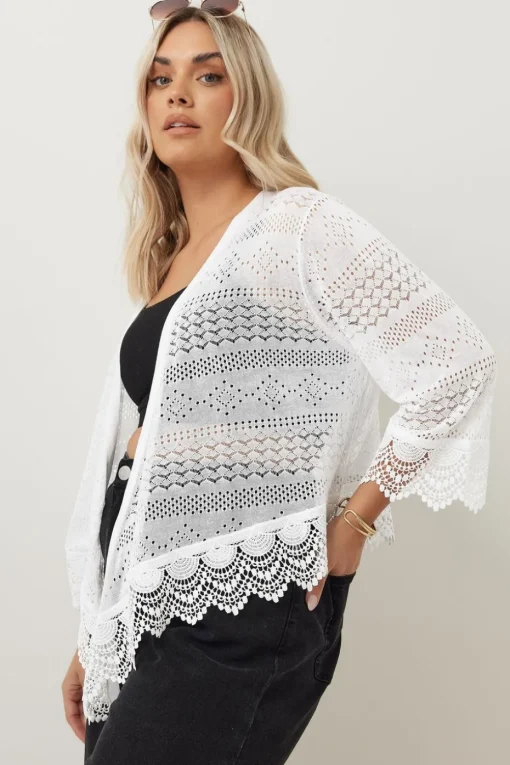 Yours Curve White Lace Trim Waterfall Cardigan