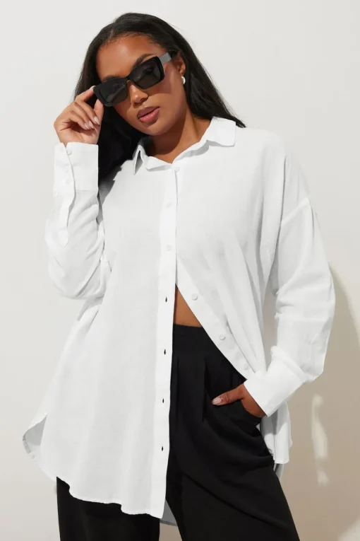Yours Curve White Long Sleeve Linen Shirt
