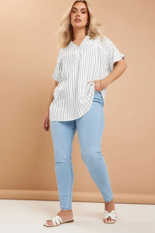 Yours Curve White Stripe Short Sleeve Blouse