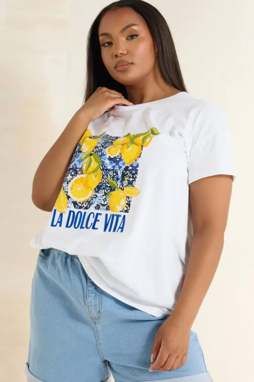 Yours Curve White 'La Dolce Vita' Lemon Graphic Oversized T-Shirt
