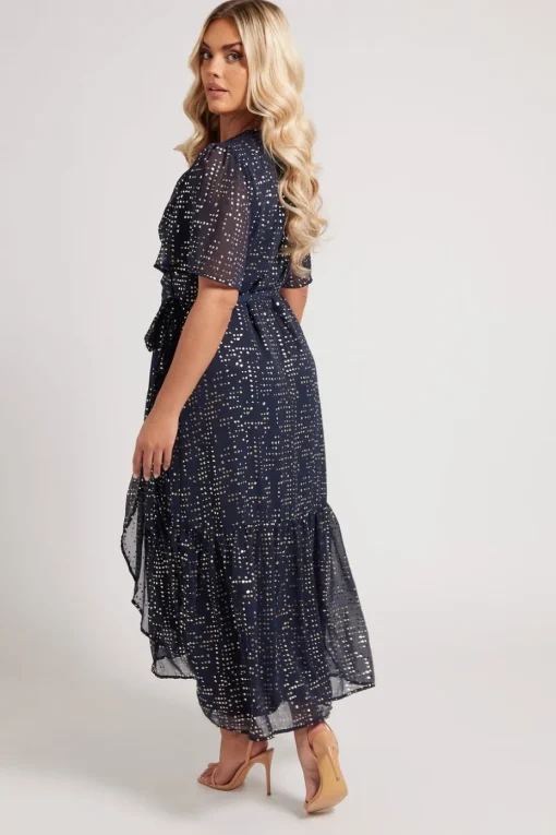 Yours London Curve Navy Blue Metallic Dot Wrap Dress