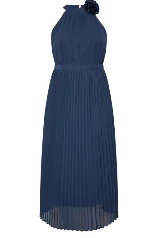 Yours London Curve Navy Blue Corsage Detail Pleated Maxi Dress