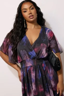 Yours London Curve Purple Abstract Metallic Print Midi Dress