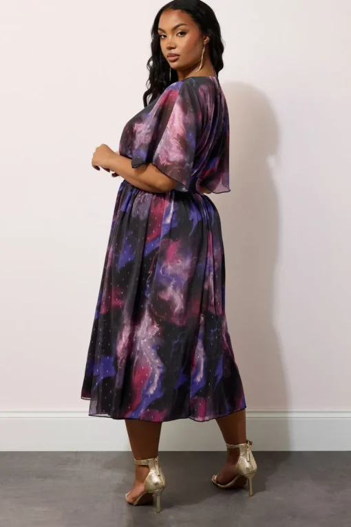 Yours London Curve Purple Abstract Metallic Print Midi Dress
