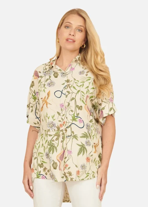 Yumi Beige Relaxed Fit Shirt With Botanical Print