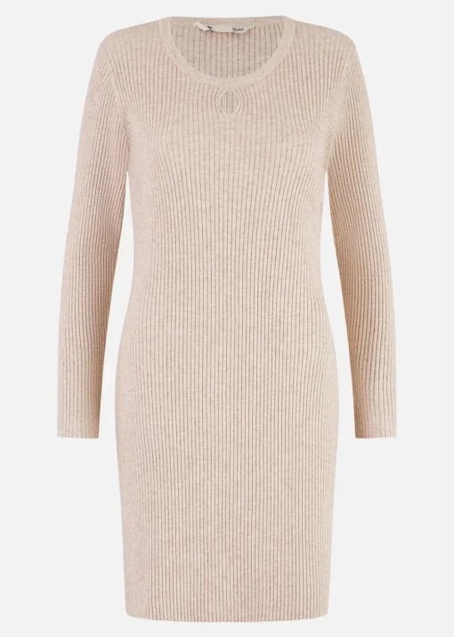 Yumi Beige Rib Knit Tunic Dress With Button Cuffs & Cut Out Detail