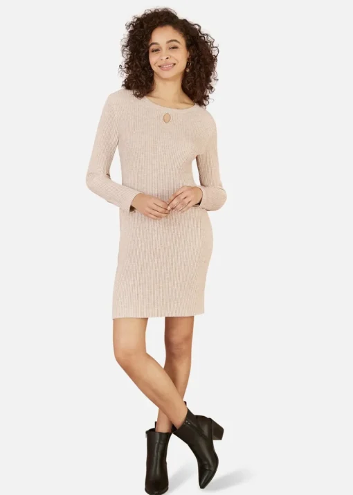 Yumi Beige Rib Knit Tunic Dress With Button Cuffs & Cut Out Detail