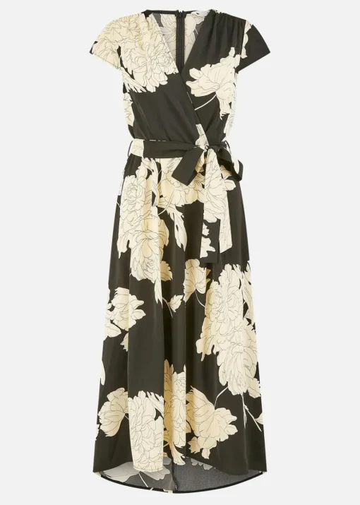 Yumi Black Blossom Print Wrap Midi With Dipped Hem