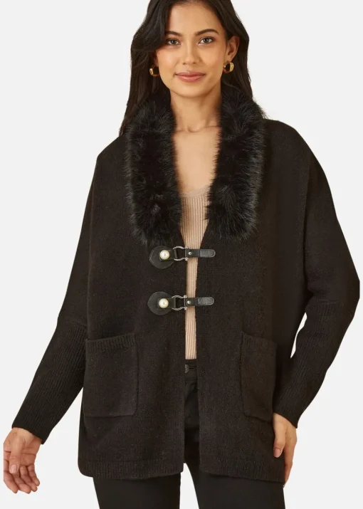 Yumi Black Cardigan With Detachable Fur Collar Trim