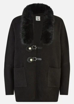 Yumi Black Cardigan With Detachable Fur Collar Trim