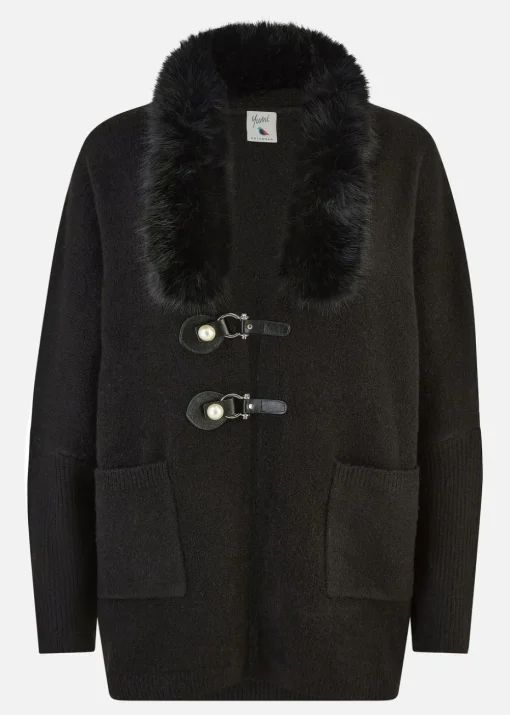 Yumi Black Cardigan With Detachable Fur Collar Trim