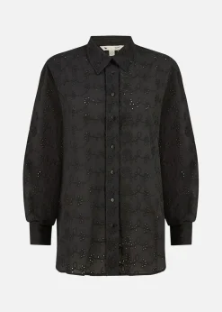 Yumi Black Cotton Broderie Anglaise Relaxed Shirt