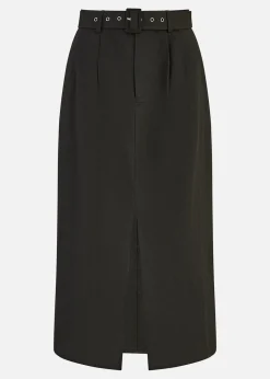 Yumi Black Cotton Midi Skirt With Belt And Split Hem