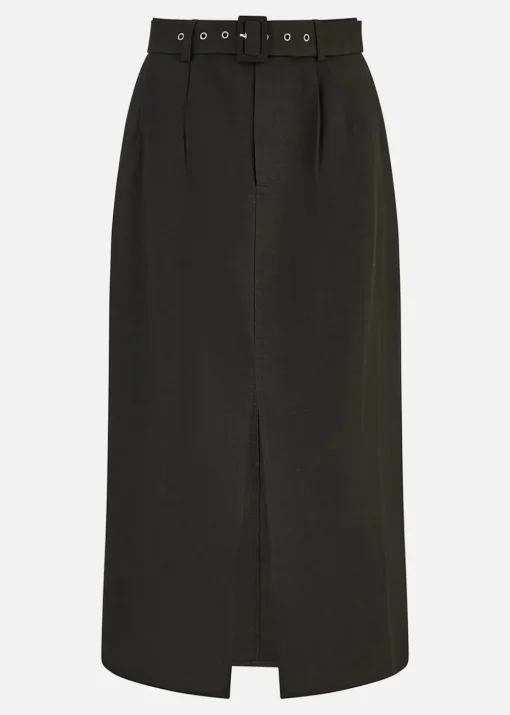 Yumi Black Cotton Midi Skirt With Belt And Split Hem
