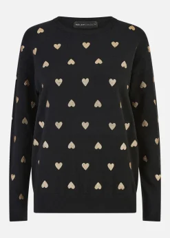 Yumi Black Gold Foil Heart Print Relaxed Fit Jumper