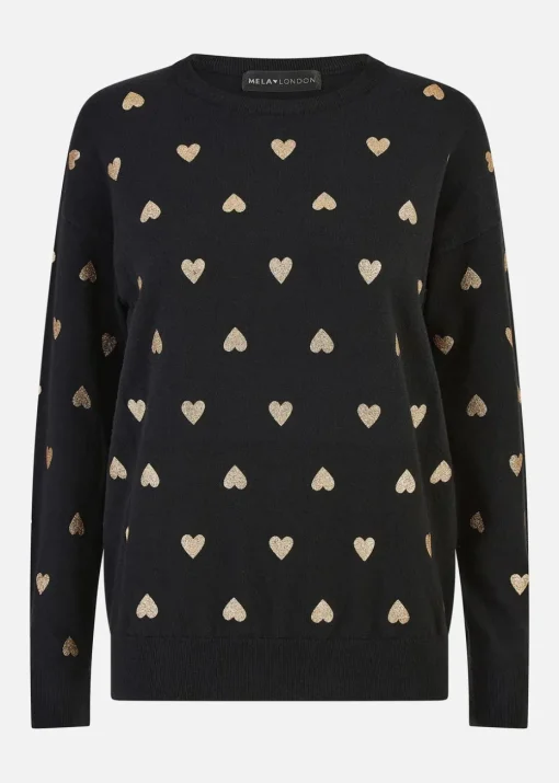 Yumi Black Gold Foil Heart Print Relaxed Fit Jumper