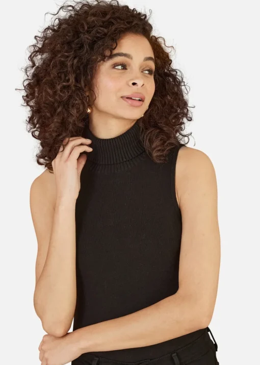 Yumi Black Knitted Roll Neck Sleeveless Jumper