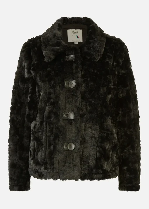 Yumi Black Luxe Textured Faux Fur Jacket With Pockets