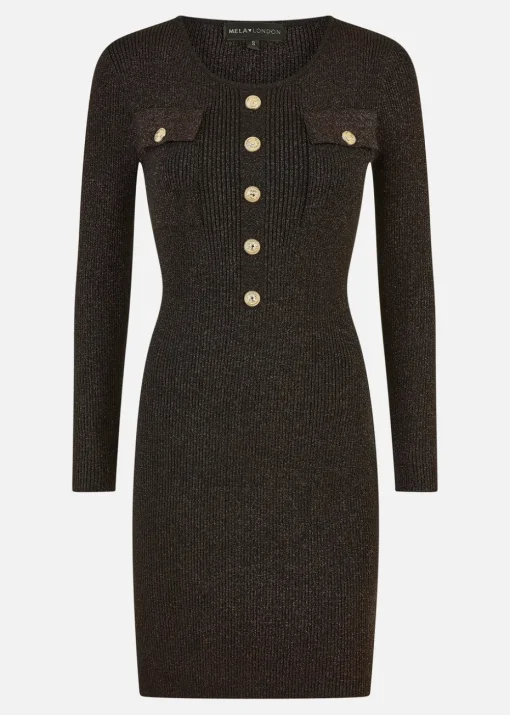 Yumi Black Metallic Military Fitted Knitted Dress
