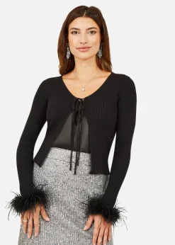 Yumi Black Ribbed Bolero With Feather Cuffs