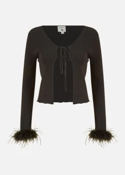 Yumi Black Ribbed Bolero With Feather Cuffs